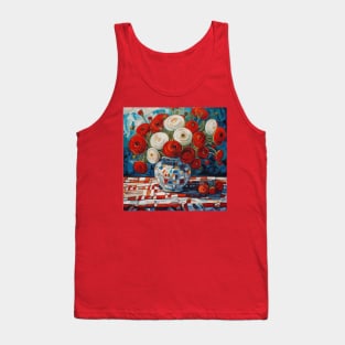 Red and White Ranunculus Flowers in a Geometrically Patterned Vase Modern Still Life Painting Tank Top